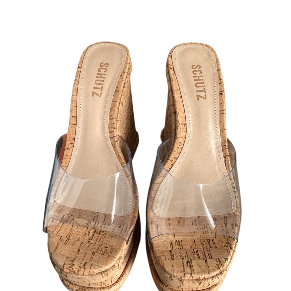 SCHUTZ Women's Cork Wedge Sandals with Clear Strap